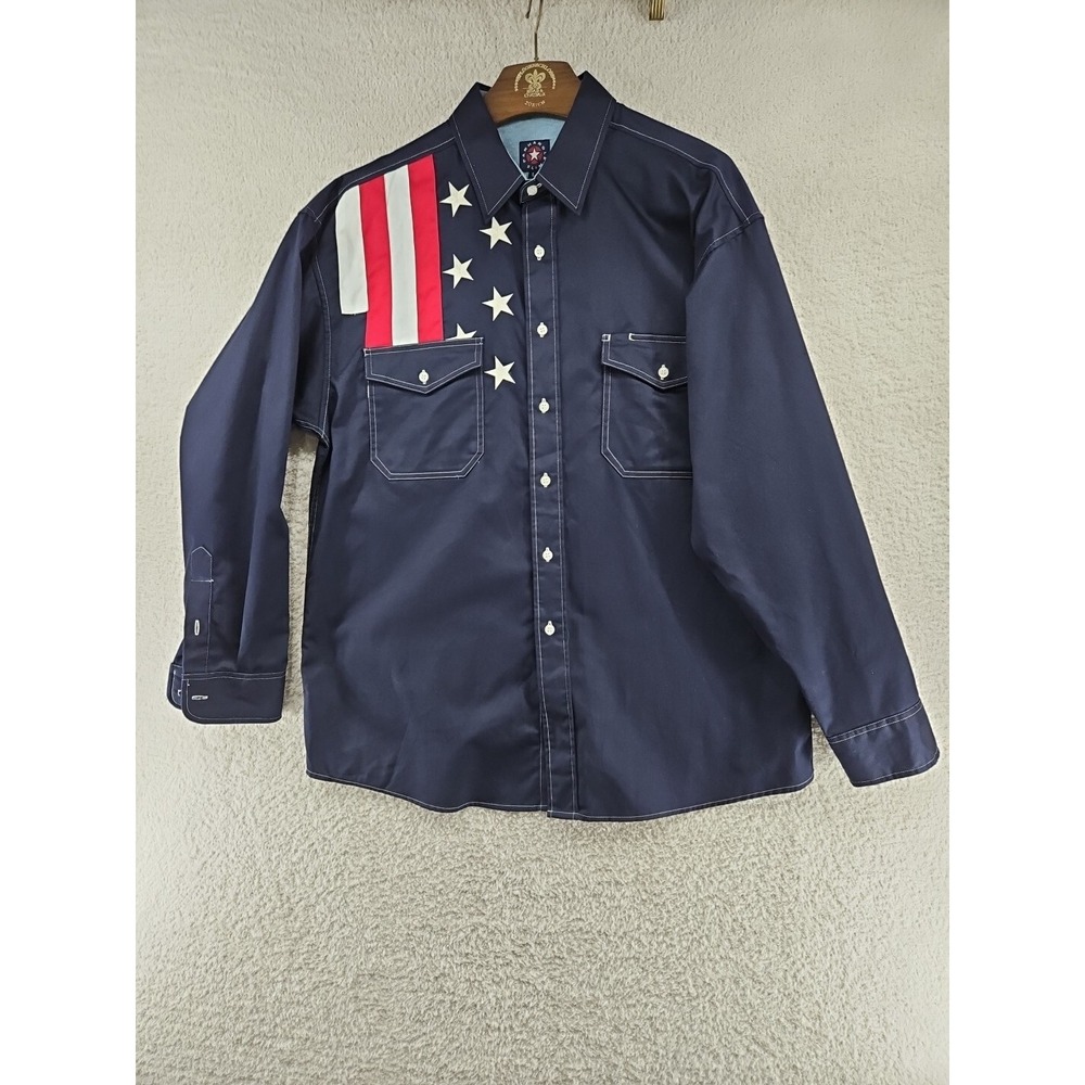 Panhandle Slim Shirt Mens Large Blue Button Western American Flag Patriotic